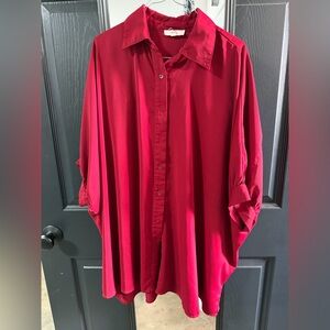 Entro Red Satin Button-Up Blouse – Size S/M – Flowy Dolman Sleeve Top